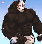 2022 abs absurd_res anthro barazoku biceps big_bulge big_muscles big_pecs black_body black_fur blue_background bodily_fluids bulge canid canine canis clothed clothing deltoids fingerless_gloves fist flower fur gloves gradient_background handwear hi_res huge_muscles looking_at_viewer male mammal mask muscular muscular_anthro muscular_male navel nipples obliques outside pecs petals plant robinmg_45 simple_background solo standing sweat text thong topless topless_anthro topless_male tuft underwear url wolf 