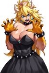  1girl absurdres armlet bare_shoulders black_collar black_dress blonde_hair blue_eyes bowsette bracelet breasts cleavage collar crown dress earrings highres horns jewelry long_hair looking_at_viewer mario_(series) new_super_mario_bros._u_deluxe pointy_ears ponytail sharp_teeth solo sotcho spiked_armlet spiked_bracelet spiked_collar spikes strapless strapless_dress super_crown teeth 