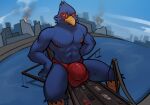  2022 anthro avian bird blue_body bulge city clothed clothing digital_media_(artwork) falco_lombardi hi_res macro male muscular muscular_anthro muscular_male nintendo red_clothing red_underwear rygel_spkb star_fox topless topless_anthro topless_male underwear video_games 