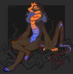  2018 absurd_res anthro black_body blue_body blue_pupils brown_body corzh77 dated female full-length_portrait grey_sclera hi_res looking_at_viewer mouth_closed nude orange_body orange_eyes portrait pupils reptile scalie signature simple_background sitting snake solo three-quarter_view 