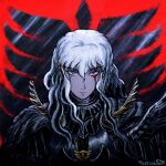 1boy armor artist_name berserk blood blood_from_eyes blue_eyes commentary crying crying_with_eyes_open english_commentary facing_viewer griffith_(berserk) highres long_hair looking_at_viewer male_focus red_background shoulder_armor solo solo_focus tax_oc tears wavy_hair white_hair 