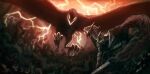  2boys anniechromes armor berserk berserker_armor bird bird_wings claws commentary dog dog_tail dragonslayer_(sword) english_commentary femto_(berserk) glowing glowing_eyes glowing_mouth greatsword griffith_(berserk) guts_(berserk) highres looking_at_another multiple_boys sword tail thorns weapon wings 