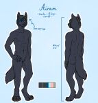  airam anthro athletic athletic_anthro athletic_male black_body black_fur black_hair blue_eyes butt canid canine canis claws color_swatch digitigrade ear_piercing ear_ring english_text featureless_crotch fur gaikotsu hair hand_on_leg hand_on_thigh hi_res highlights_(coloring) male mammal model_sheet nude outline pawpads piercing ring_piercing smile solo text toe_claws white_outline wolf 