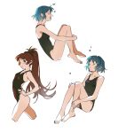  2girls alternate_costume black_one-piece_swimsuit blue_hair blush breasts bubble closed_eyes cropped_legs hand_on_hip highleg highleg_swimsuit highres knees_to_chest long_hair looking_at_viewer mahou_shoujo_madoka_magica miki_sayaka multiple_girls multiple_views red_eyes red_hair red_one-piece_swimsuit sakura_kyouko sanyang003 small_breasts swimsuit thighs walking 