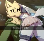  anthro bottomwear canid canine canis car_interior clothing ds0ivi0 duo fur girly he_wants_to_order hi_res hoarfrost hoodie humanoid male male/male mammal meme rear_view skirt tan_body tan_fur text topwear white_body white_fur wolf ych 