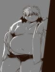  2022 anthro belly big_belly book_whitener canid canine canis clothing domestic_dog humanoid_hands kemono male mammal monochrome_(series) moobs navel nipples overweight overweight_male solo takagi_kyou underwear 