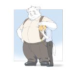  2022 anthro belly big_belly bottomwear canid canine canis clothing domestic_dog duo hi_res humanoid_hands inunoshippo kemono male mammal overweight overweight_male pants shirt size_difference suspenders topwear 