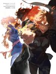  black_clover blue_hair clenched_hands fire flaming_hand highres kurorohorumuhn long_hair mereoleona_vermillion ponytail red_hair short_hair 