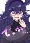  1girl :d @_@ absurdres ahoge alternate_breast_size bangs breasts commentary_request dress hair_between_eyes hairband hand_up hex_maniac_(pokemon) highres kayucha_(xnsushi) large_breasts long_hair long_sleeves open_mouth pokemon pokemon_(game) pokemon_xy purple_eyes purple_hairband smile solo sweatdrop tongue upper_body 