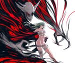  1girl bandaged_leg bandages breasts claws cleavage clenched_teeth eto_(tokyo_ghoul) fire green_hair groin highres large_breasts long_hair medium_breasts naked_bandage navel red_eyes smile teeth tokyo_ghoul white_background yourfreakyneighbourh 