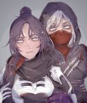  2girls animification apex_legends arm_around_shoulder armor bangs black_bodysuit black_hair blood blood_on_clothes blue_eyes bodysuit datsushaba dual_persona grey_background grey_hair hair_bun headwear_removed helmet helmet_removed highres holding_another&#039;s_arm hood hood_up hooded_bodysuit knife looking_at_another looking_to_the_side mask mouth_mask multiple_girls ninja nose_piercing official_alternate_costume parted_bangs piercing rift_stalker_wraith smile upper_body voidwalker_wraith wraith_(apex_legends) 