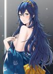  1girl ameno_(a_meno0) bare_shoulders blue_eyes blue_hair blue_kimono breasts closed_mouth clothes_down fire_emblem fire_emblem_awakening from_side gold_hairband japanese_clothes kimono kimono_pull long_hair looking_at_viewer lucina_(fire_emblem) obi sash small_breasts solo wavy_hair 