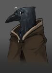  ambiguous_gender anthro avian beak black_body black_feathers cloak clothed clothing dungeons_and_dragons feathers flamespitter gradient_background grey_background hasbro hi_res kenku simple_background smile solo white_eyes wide_eyed wizards_of_the_coast 