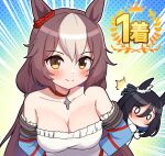  0_0 2girls ^^^ animal_ears arms_behind_back bangs bare_shoulders black_hair blush breasts brown_eyes brown_hair chibi cleavage closed_mouth collarbone commentary_request dress eishin_flash_(umamusume) emphasis_lines frilled_dress frills hair_between_eyes highres horse_ears looking_at_viewer medium_breasts multicolored_hair multiple_girls smile strapless strapless_dress takiki two-tone_hair umamusume white_dress white_hair yamanin_zephyr_(umamusume) 