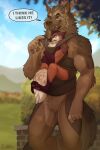  absurd_res anthro baby_carrier blurred_background canid canine canis dialogue duo english_text facial_piercing fangs hi_res male mammal nose_piercing pawpads paws piercing size_difference speech_bubble text wolf zempy3 