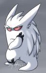  2013 ambiguous_gender black_scarf del_(matchaghost) feral fur generation_1_pokemon gengar grey_background grey_body looking_back matchaghost nintendo pokemon pokemon_(species) red_sclera scarf signature simple_background solo video_games white_body white_fur 