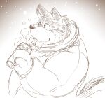  2022 anthro biped can canid canine canis clothing container domestic_dog hi_res kemono mammal outside overweight scarf sketch snow snowing solo suishou0602 sweater topwear 