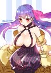  1girl bangs bare_shoulders black_choker black_pantyhose breasts choker fate/extra fate/extra_ccc fate_(series) floating_hair gauntlets hair_ribbon large_breasts light_particles long_hair o-ring o-ring_top pantyhose parted_lips passionlip_(fate) pink_ribbon puffy_shorts purple_hair red_eyes ribbon shina_shina shorts solo striped striped_shorts twitter_username vertical_stripes 