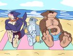  3_toes anthro big_breasts blush bottomwear breasts bulge chippyyumyum claws clothing feet fish group humanoid male marine paws shark smile toe_claws toes trio 