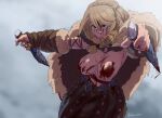  1girl absurdres arm_wrap artist_name astrid_hofferson blonde_hair blood blood_on_breasts blood_on_face blood_on_knife blue_eyes braid breasts cloak crown_braid dual_wielding english_commentary fur-trimmed_cloak fur_cloak fur_trim hair_between_eyes highres holding how_to_train_your_dragon inker_comics knife large_breasts navel nipples nosebleed solo solo_focus topless twitter_username 