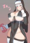  1girl absurdres artificial_vagina blush breasts commentary_request covered_nipples gloves grey_hair habit highres holding holding_sex_toy huge_breasts long_sleeves looking_at_viewer nun original red_eyes sex_toy smile solo sweat tatsu_(user_rjes8545) thighhighs translation_request white_gloves 
