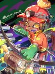  1girl :d blonde_hair blush bow_(weapon) colored_eyelashes colored_tongue cross-shaped_pupils dark-skinned_female dark_skin duct_tape earrings eyebrows_visible_through_hat fangs food food_on_head frye_(splatoon) gloves gradient_hair green_gloves grizzco_stringer_(splatoon) hardhat headphones helmet high-visibility_vest highres holding holding_bow_(weapon) holding_weapon jewelry lifebuoy long_hair looking_at_viewer microphone multicolored_hair multiple_earrings object_on_head open_mouth pointy_ears purple_hair purple_tongue red_headwear rubber_gloves salmon_run searchlight smile solo splatoon_(series) splatoon_3 teeth tempura tentacle_hair twitter_username two-tone_hair uneven_eyes vest weapon yellow_eyes yokoi_aya 