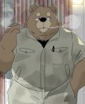  2022 anthro black_nose bottomwear brown_body clothing cute_fangs fugashi4090 hi_res humanoid_hands kemono male mammal overweight overweight_male pants shirt smoking solo topwear ursid 