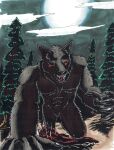  anthro canid canine canis claws fangs fantasy forest fullcolor fullmoon hi_res male mammal monster moon night nyghtmar3 plant predator_(disambiguation) solo traditional_media_(artwork) tree were werecanid wolf 