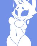  2022 :3 anthro anthrofied blue_background blue_eyes blush blush_lines breasts clyde_(discord) discord_(app) female flat_colors fur hands_behind_back hi_res mammal monochrome navel_outline portrait rivergravidade simple_background small_breasts solo three-quarter_portrait unknown_species white_body white_fur wide_hips 