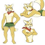  2022 abs anthro barefoot belt bottomwear bulge butt canid canine clothed clothing collar crossed_arms eyebrows face_squish feet fox fox_mccloud frown fur furgonomics hair hand_on_hip headgear hi_res hotpants jrjresq looking_at_viewer lying male mammal muscular muscular_anthro muscular_male narrowed_eyes navel neckerchief nintendo nipples on_front open_mouth open_smile pecs shorts simple_background smile solo squish standing star_fox teeth tongue topless topless_anthro topless_male tuft video_games white_background 