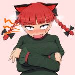  1girl animal_ears arms_under_breasts blush bow braid breast_hold breasts camp_of_hunger cat_ears crossed_arms embarrassed extra_ears fangs full-face_blush kaenbyou_rin large_breasts looking_at_viewer red_hair simple_background solo sweat touhou twin_braids white_background 