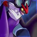  2013 3_fingers ambiguous_gender black_body fangs feral fingers generation_6_pokemon looking_ahead matchaghost nintendo noivern open_mouth orange_eyes pokemon pokemon_(species) purple_background purple_body signature simple_background solo video_games yellow_sclera 