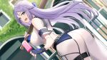  1girl absurdres ass bangs bare_shoulders baseball_bat belt black_gloves blue_eyes blush braid breasts fingerless_gloves food french_braid gloves goddess_of_victory:_nikke highres large_breasts light_purple_hair long_hair looking_at_viewer looking_back open_mouth pants popsicle smile solo takehana_note thighs tight tight_pants 