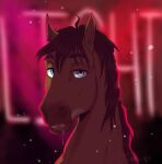  2020 ambiguous_gender blue_eyes bodily_fluids brown_body brown_hair brown_mane digital_media_(artwork) dolero dripping drooling equid equine eyebrows feral hair hi_res horse kamilazu looking_at_viewer mammal mane neon_lights neon_sign open_mouth saliva saliva_drip sign solo teeth 