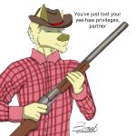  1:1 2022 absurd_res alpha_channel angry anthro bird_dog blonde_hair bust_portrait canid canine canis chin_tuft clothing cowboy cowboy_hat dialogue domestic_dog facial_tuft fur golden_retriever great_dane green_eyes gun hair hat headgear headwear hi_res holding_gun holding_object holding_shotgun holding_weapon humor hunting_dog looking_at_viewer male mammal mastiff mature_male meme mixed_breed molosser narrowed_eyes portrait ranged_weapon reaction_image retriever shaded shirt shotgun simple_background solo stanley_(zer0rebel4) threat threatening threatening_viewer topwear transparent_background weapon yellow_body yellow_fur zer0rebel4 