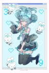  1girl arm_tattoo artist_name bangs bare_shoulders black_footwear black_skirt blue_eyes blue_hair blue_necktie boots bow cinnamiku cinnamoroll detached_sleeves double_bun floating full_body grey_shirt hair_bow hair_bun hand_up hatsune_miku headset highres looking_at_viewer medium_hair necktie number_tattoo pixel_heart sanrio shirt sixii skirt sleeveless sleeveless_shirt smile solo tattoo thigh_boots updo user_interface vocaloid white_background wide_sleeves window_(computing) windows yume_kawaii 