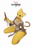  2022 absurd_res anthro belt bethesda_softworks big_breasts biped bottomless breasts clothed clothing digital_drawing_(artwork) digital_media_(artwork) digital_painting_(artwork) felid feliscede female fur hand_on_sword hi_res katia_managan khajiit kneeling long_tail looking_at_viewer mammal melee_weapon prequel_adventure shirt shirt_only solo sword tagme the_elder_scrolls thick_thighs topwear topwear_only video_games weapon webcomic wide_hips yellow_body yellow_fur 