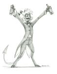  2022 baron_engel beverage bottle bottomwear bow_tie clothed clothing fangs graphite_(artwork) greyscale helluva_boss hi_res holding_bottle holding_object humanoid imp male monochrome moxxie_(helluva_boss) open_mouth pants pencil_(artwork) solo spade_tail traditional_media_(artwork) 