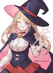  1girl akamatsu_kaede bangs black_cape black_headwear black_skirt breasts cape choker corset cowboy_shot danganronpa_(series) danganronpa_v3:_killing_harmony dress_shirt ewa_(seraphhuiyu) grin hair_ornament hat highres large_breasts long_hair long_sleeves musical_note musical_note_hair_ornament official_alternate_costume one_eye_closed pink_cape red_choker red_skirt shiny shiny_hair shirt simple_background skirt smile solo star_(symbol) teeth two-tone_cape wand white_background witch witch_hat 