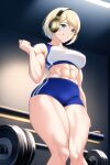  1girl abs ai-generated bangs barbell blonde_hair blue_eyes blue_shorts fire_emblem fire_emblem_heroes fjorm_(fire_emblem) gym_shorts hand_up headphones muscular muscular_female promptmancer short_hair shorts smile solo sports_bra sweat swept_bangs teeth thighs 
