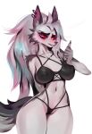  2022 anthro areola blush breasts canid canid_demon canine clothed clothing demon female fingers fur genitals hair hellhound helluva_boss hi_res johnfoxart looking_at_viewer loona_(helluva_boss) mammal piercing pussy solo white_body white_fur 