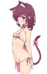  1girl animal_ear_fluff animal_ears bangs bikini blush bow breasts cat_ears cat_tail choker highres kemonomimi_mode looking_at_viewer machikado_mazoku mel_(melty_pot) navel pink_bikini pink_bow pink_ribbon purple_eyes purple_hair ribbon ribbon_choker side-tie_bikini_bottom simple_background small_breasts solo string_bikini swimsuit tail tail_bow tail_ornament white_background yoshida_ryouko 