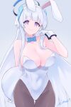  1girl alternate_costume animal_ears blue_archive breasts cleavage commentary_request fake_animal_ears gloves halo headband highres ima_(lm_ew) large_breasts long_hair noa_(blue_archive) pantyhose playboy_bunny purple_eyes signature simple_background solo tray white_hair 