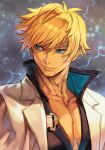  1boy black_shirt blonde_hair blue_eyes collarbone electricity floating_hair guilty_gear guilty_gear_strive hair_between_eyes hungry_clicker jacket jacket_on_shoulders ky_kiske lightning looking_to_the_side male_focus muscular muscular_male pectorals shaded_face shirt short_hair solo upper_body v-neck white_jacket 