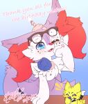  2022 ambiguous_gender anthro blue_background blue_eyes blush braixen cake cupcake dessert duo english_text eyewear fangs feral food freckles fur generation_5_pokemon generation_6_pokemon gingy_(gingy_k_fox) gingy_k_fox glasses hi_res inner_ear_fluff joltik nintendo open_mouth pokemon pokemon_(species) purple_body purple_fur red_body red_fur red_nose shiny_pokemon signature simple_background snout text tongue tuft video_games white_body white_fur yellow_body yellow_fur 