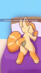  absurd_res anthro bed butt canid canine cupoflavender digital_media_(artwork) fennec fox fur furniture hair hi_res lying male mammal nude oj_(box_of_floof) on_bed orange_body orange_fur sleeping snapchat solo tail_mouth text unusual_anatomy unusual_tail 