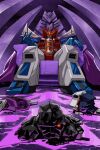  alternate_universe assault_visor cape crown decepticon glowing glowing_eye glowing_eyes looking_at_viewer makoto_ono mecha megatron middle_finger purple_cape red_eyes robot severed_head shockwave_(transformers) sitting solo_focus soundwave_(transformers) starscream straight-on transformers 