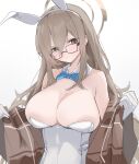  1girl akane_(blue_archive) akane_(bunny)_(blue_archive) animal_ears blue_archive blue_bow blue_bowtie bow bowtie breasts cleavage closed_mouth collarbone detached_collar fake_animal_ears glasses gloves hair_between_eyes halo highres large_breasts leotard light_brown_hair long_hair looking_at_viewer mikozin plaid_shawl rabbit_ears shawl simple_background smile solo strapless strapless_leotard white_background white_gloves white_leotard 