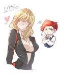  1boy 1girl blonde_hair bodysuit breasts center_opening hair_over_eyes highres large_breasts long_hair navel rachael_foley raymond_vester red_hair resident_evil_revelations simple_background smile wetsuit white_background zakkuchan 