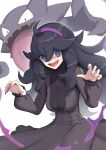  1girl 1other @_@ black_dress black_hair dress gonzarez hairband haunter hex_maniac_(pokemon) highres long_hair long_sleeves messy_hair open_mouth pokemon pokemon_(creature) pokemon_(game) pokemon_xy purple_eyes purple_hairband purple_nails spider_web_print tongue tongue_out white_background 